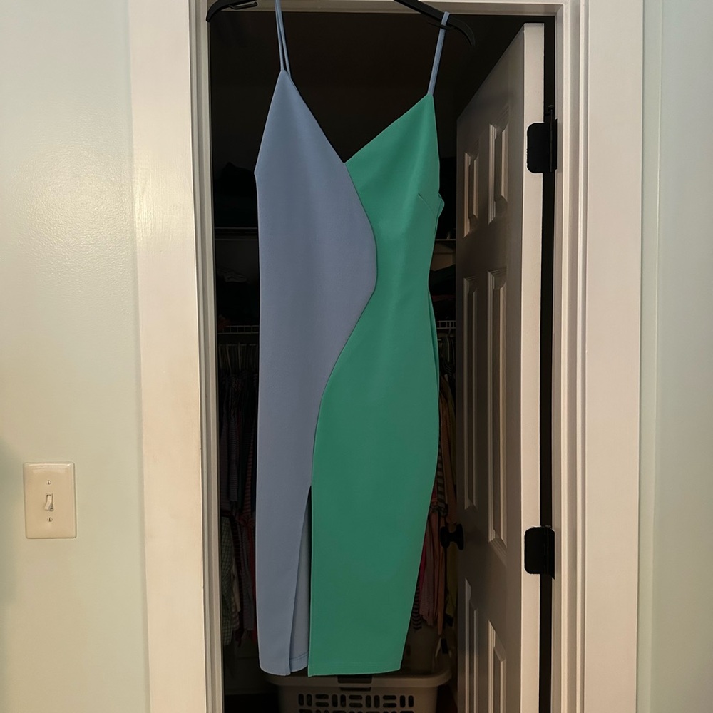 Karlie Green and Gray Asymmetrical Sheath Dress Spaghetti Strap